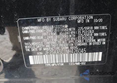 2021 Subaru Forester Limited from USA, damaged, VIN JF2SKASC1MH426045